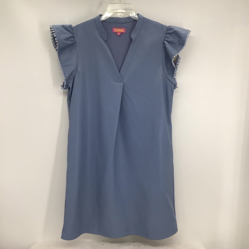 THML Wome’s Faux Leather V-Neck Ruffle Sleeve Dress Casual Career Blue Size L
